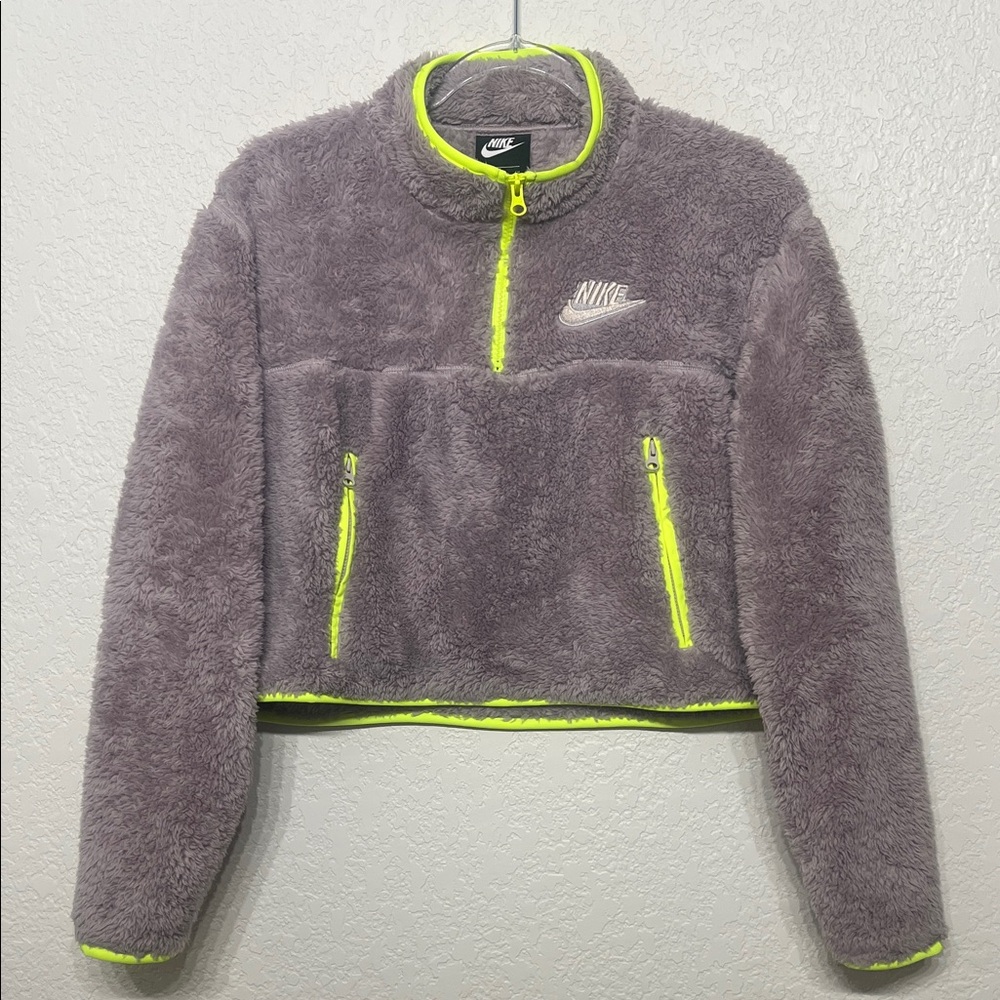 Nike Women’s Small Cropped Teddy Jacket in Gray and Neon Yellow